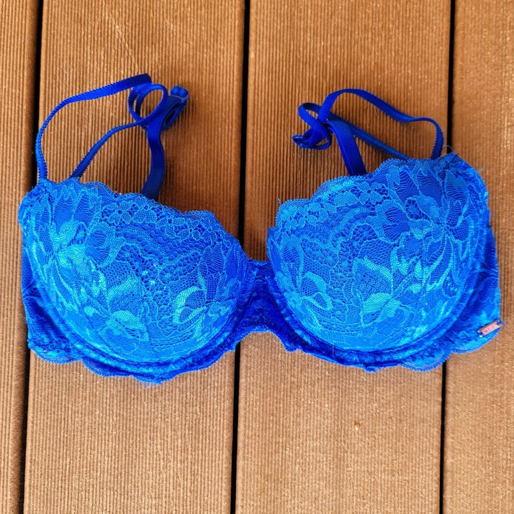 PINK Bright Blue Lace Balconette Push-Up Bra - 32D